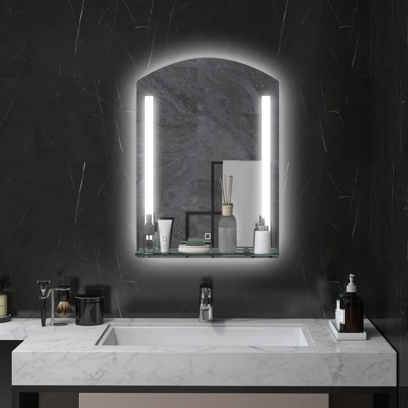 Kleankin Oglindă de Baie cu Lumină LED Reglabilă pe 3 Culori și Raft din Sticlă, 50x12x70 cm, Argintiu