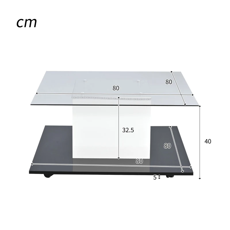 Măsuță de cafea modernă din sticlă lucioasă cu bandă LED reglabilă și roți pivotante, 80×80×40 cm, Alb+Negru