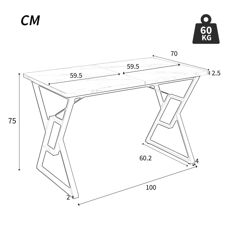 Table à manger avec pieds en métal, marbrure moderne, structure métallique stable, 119×70×75 cm,Blanc+Or