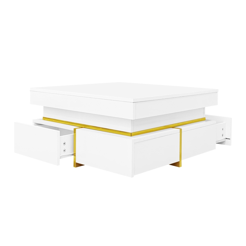Couchtisch weiß hochglanz 70x70 cm mit goldenen Akzenten und Schubladen für Wohnzimmer moderner Haushalte