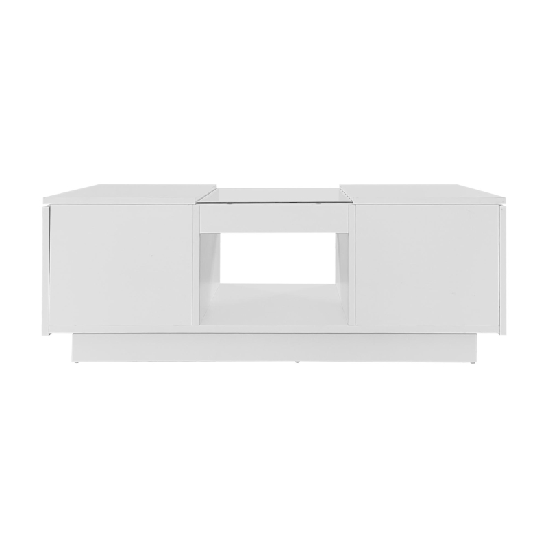 Table basse blanche avec revêtement en verre,  éclairage LED,  contrôle par application,  2 tiroirs et compartiment ouver, Blanc