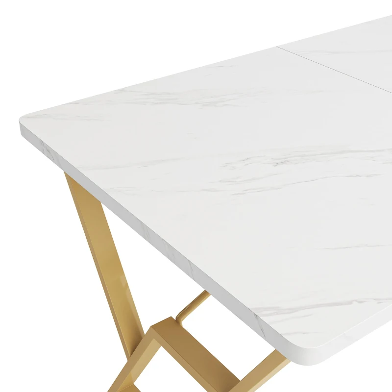 Tavolo da pranzo con gambe in metallo, effetto marmorizzato, struttura in metallo stabile, 119×70×75 cm,Bianco+Oro