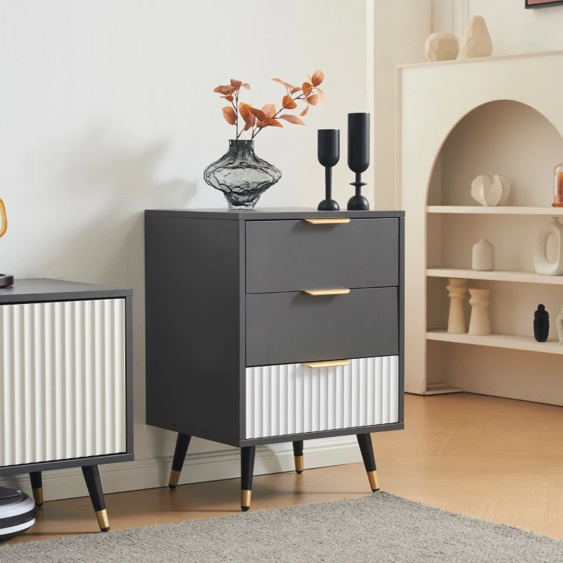 Élégant commode avec 3 tiroirs et accents dorés,  polyvalent,  design anti-basculement,  45x40x65 cm, Blanc+gris