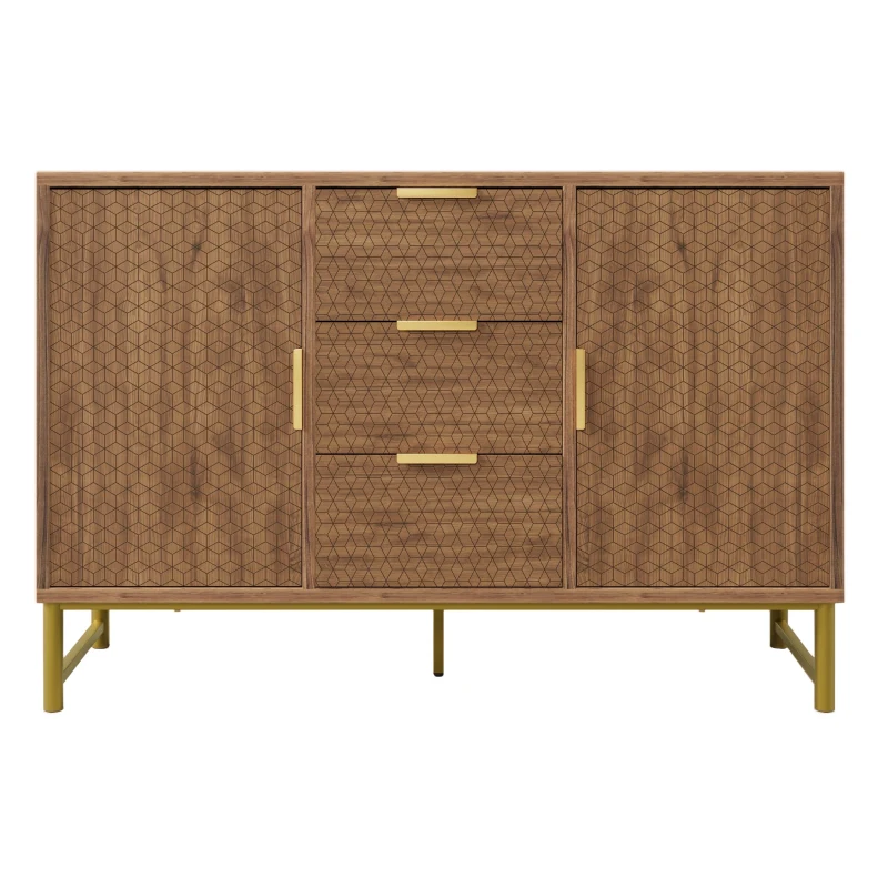 Shelves Adjustable Anti-tip Sideboard Cabinet with 3 Drawers and 2 Doors, Storage Cabinet with Embossed Design, 120L x 40W x 75H cm, Walnut