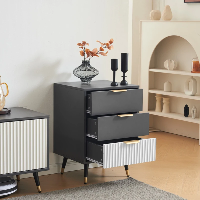 Elegante mobiletto con 3 cassetti e dettagli dorati, 45x40x65 cm, Bianco+grigio