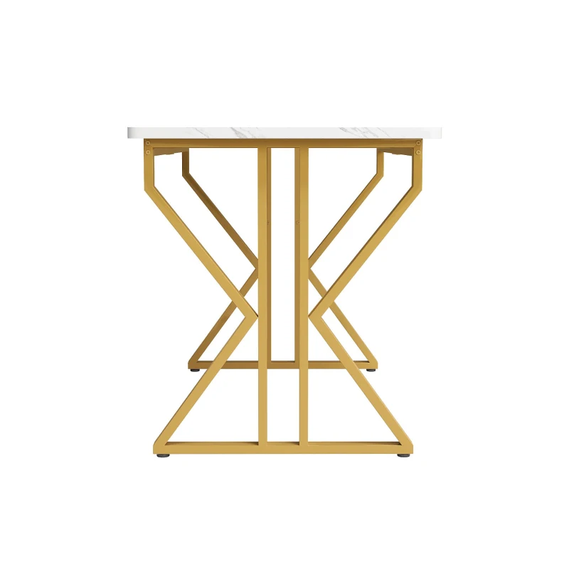 Masă cu picioare din metal, marmorizare modernă, structură metalică stabilă, 119×70×75 cm, Alb+Auriu