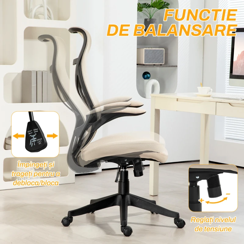 HOMCOM Scaun Ergonomic de Birou cu Brațe Rabatabile, Tetieră, Înălțime Reglabilă și Funcție de Leagăn, 66x66x121 cm, Bej