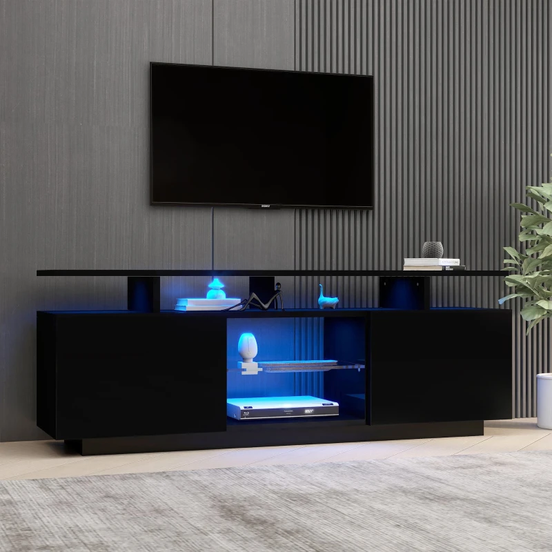 Moderner TV-Schrank mit 16-Farben-LED-Beleuchtung, Hochglanz-Türpaneel, Glasfach, 140×35×55 cm, Schwarz