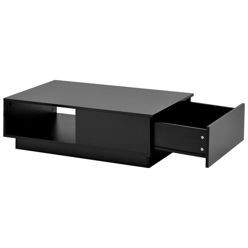 Table basse moderne en finition brillante avec éclairage LED,  15 couleurs,  1 tiroirs et 2 étagères,  95×55×32 cm, Noir