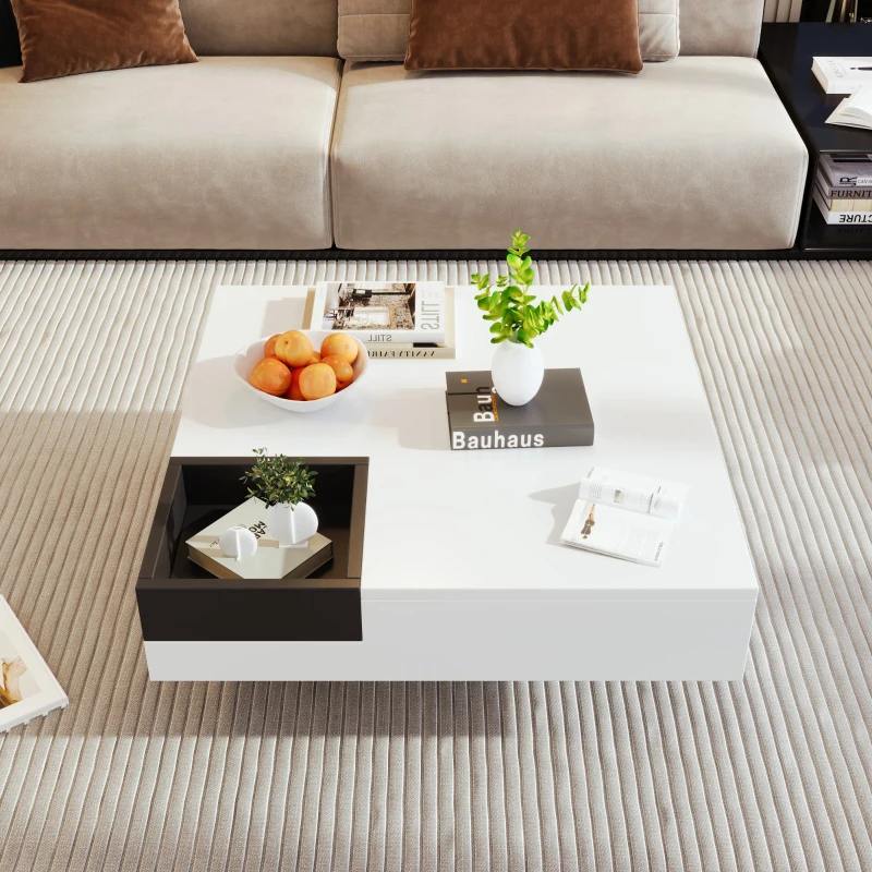 Couchtisch Hochglanz, Beistelltisch mit abnehmbarer Aufbewahrungsbox und LED-Lichteffekt, 72×72×30 cm, Weiß