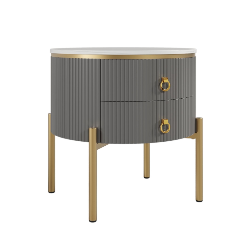 Table d'appoint avec tiroirs, structure en marbre, pieds et poignées dorés, réglable, 50×50×51 cm, Gris