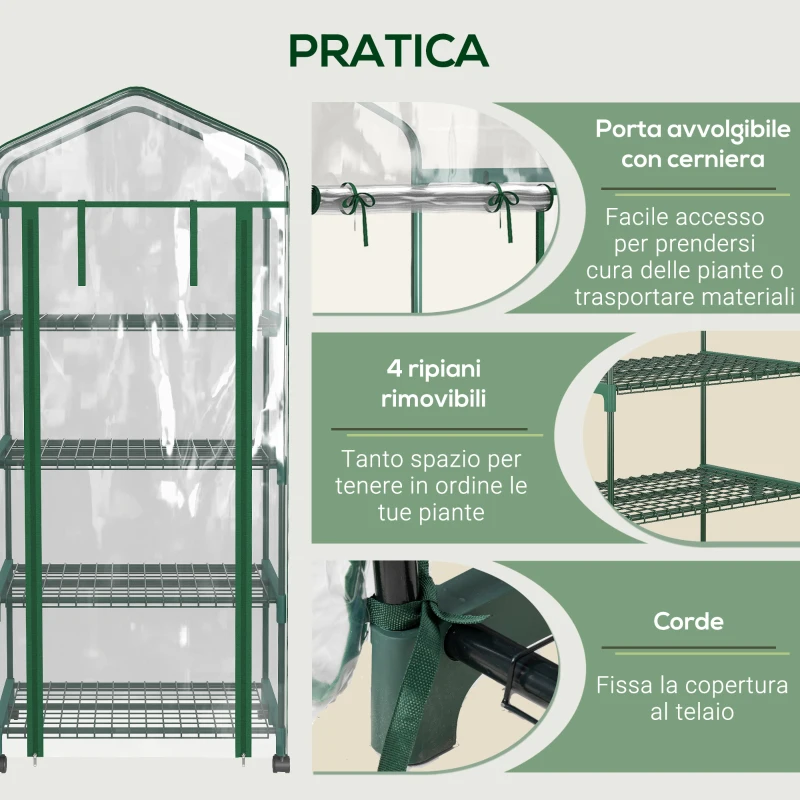 Outsunny Serra per Piante Verticale con Scaffale a 4 Ripiani in Acciaio e PVC Bianco, 69x50x165cm