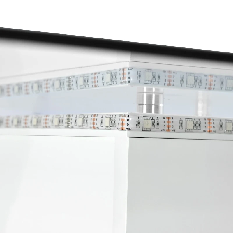 Măsuță de cafea modernă din sticlă lucioasă cu bandă LED reglabilă și roți pivotante, 80×80×40 cm, Alb+Negru