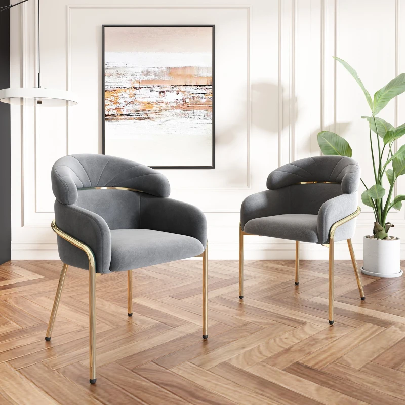 Chaise de salle à manger avec revêtement en velours, Design léger et luxueux, Quatre pieds en métal, Polyvalente pour salon et chambre à coucher, Ergonomique et stable,Gris