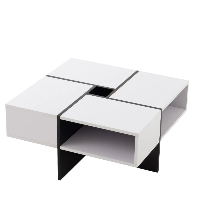 Table basse carrée moderne,  5 compartiments ouverts,  compartiment de rangement central 10x10 cm, 70x70x35 cm, Noir Blanc