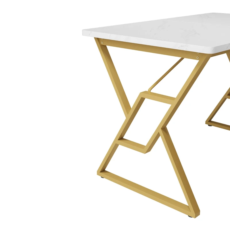 Table à manger avec pieds en métal, marbrure moderne, structure métallique stable, 119×70×75 cm,Blanc+Or