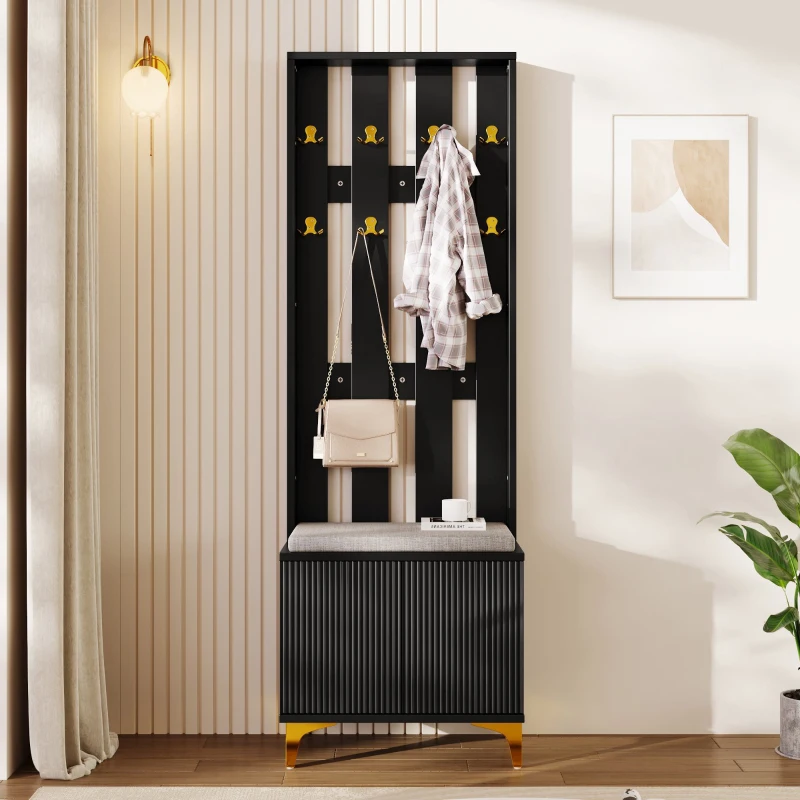 Set guardaroba con panca per scarpe e cuscino, frontale armadio con ganci, 60,5×180,5×35,2 cm, Nero+Oro