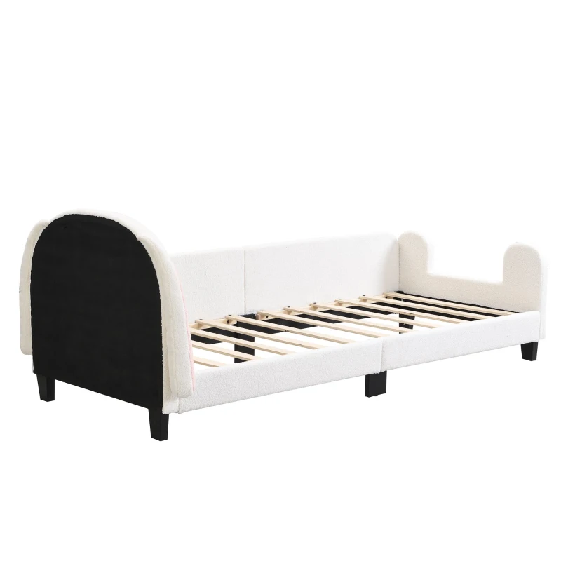 Lit pour enfant 90×200 cm avec sommier à lattes, en forme de lapin, tête de lit en sherpa, montage facile, matelas non inclus,Blanc+Rose