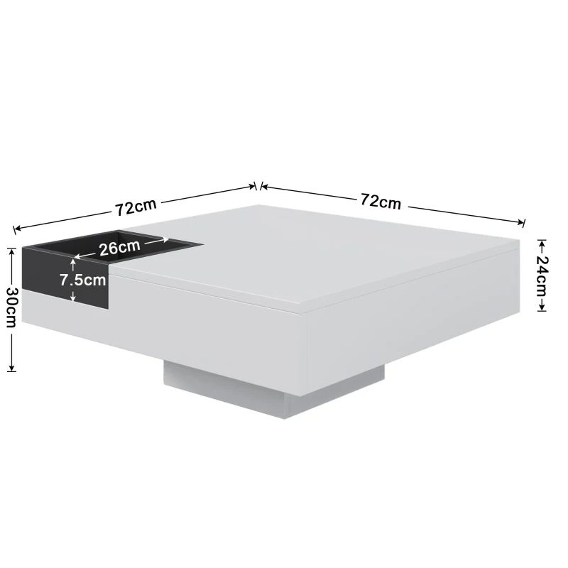 Table basse en haute brillance, table d'appoint avec boîte de rangement amovible et effet lumineux LED, 72×72×30 cm, Blanc