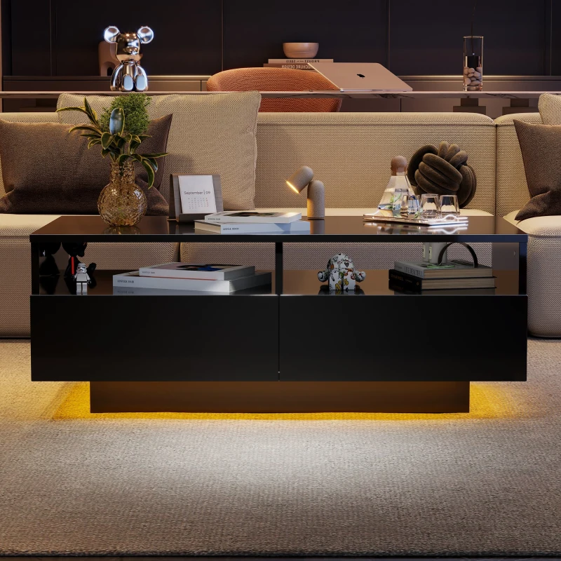 Table basse LED en laque brillante avec 2 tiroirs,  table centrale moderne avec lumières LED 16 couleurs,  USB,  95×50×35 cm, Noir