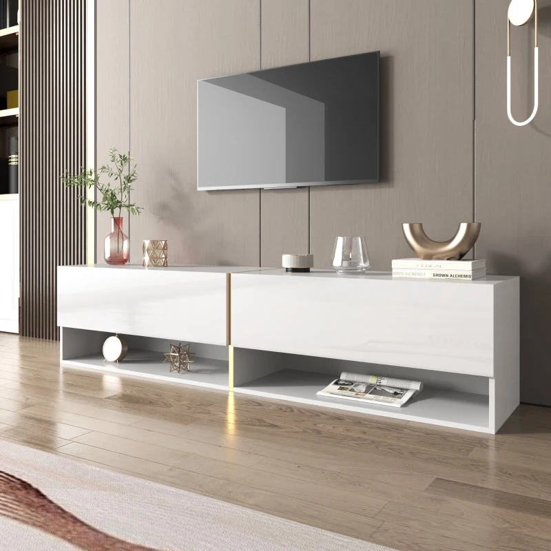 Meuble TV brillant, meuble bas avec portes, espace de rangement combiné, mural/autonome, 172×35×40 cm, Blanc