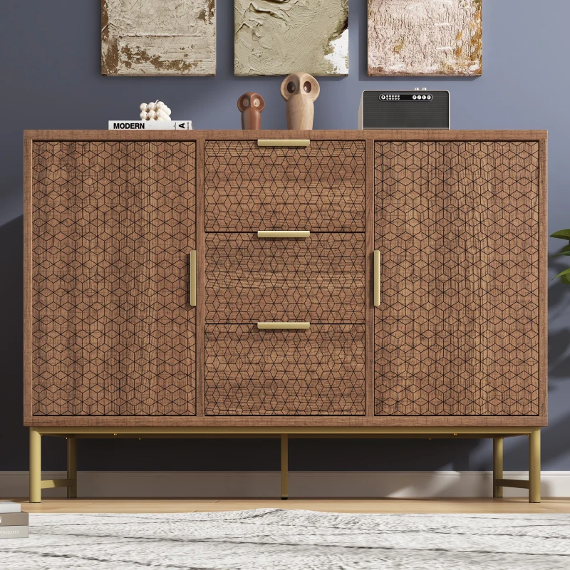 Shelves Adjustable Anti-tip Sideboard Cabinet with 3 Drawers and 2 Doors, Storage Cabinet with Embossed Design, 120L x 40W x 75H cm, Walnut