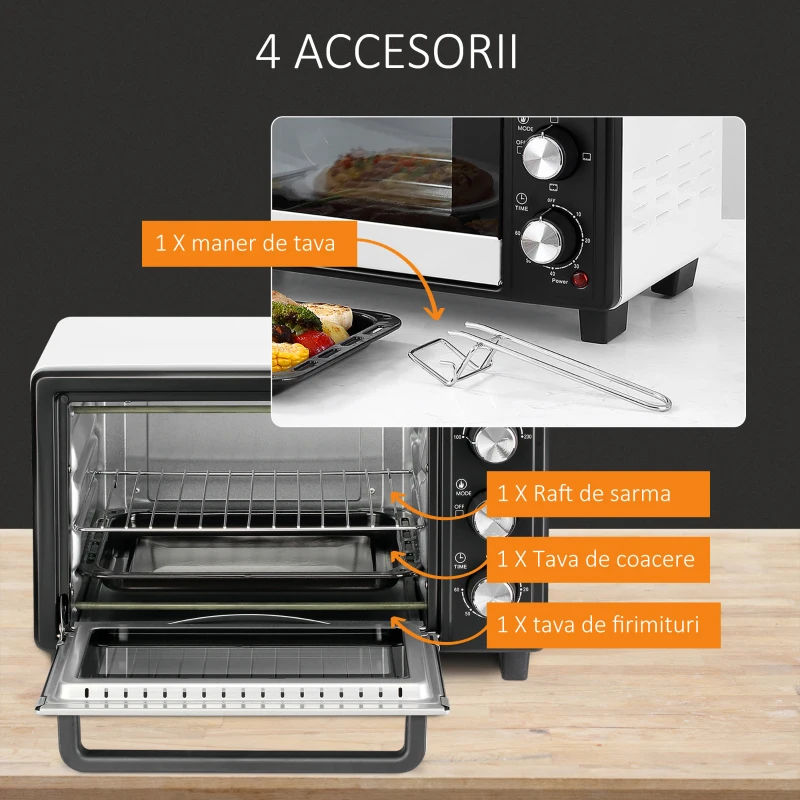 HOMCOM Cuptor Electric Ventilat cu Temperatură Reglabilă, 3 Moduri de Coacere, Tavă și Grătar, 44x32x28 cm, Alb