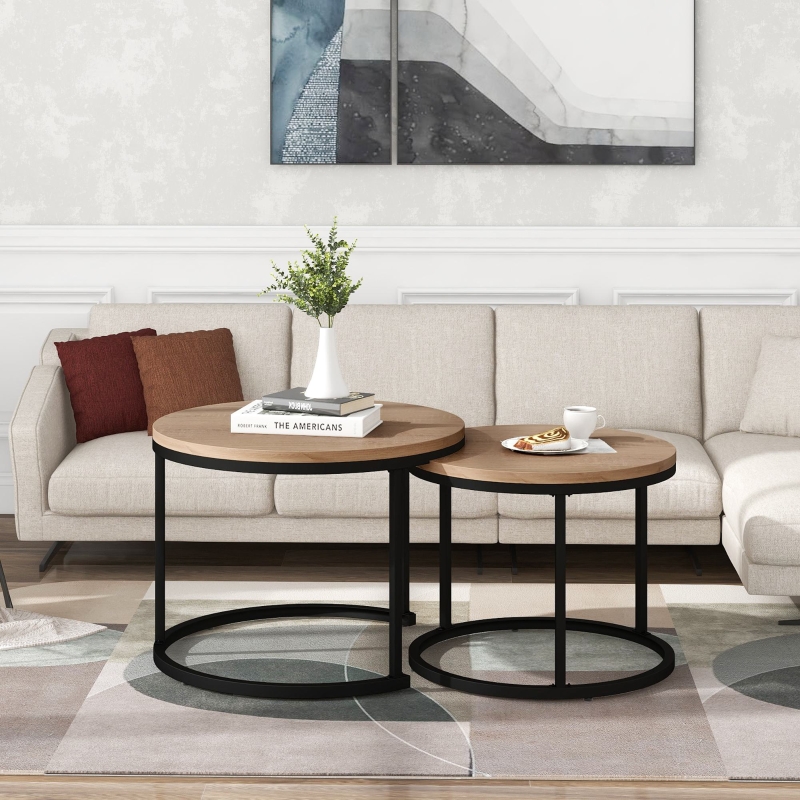 WOLTU Table basse en métal et MDF, Table à thé, Table d'appoint, 50x50x46 cm, Chêne clair