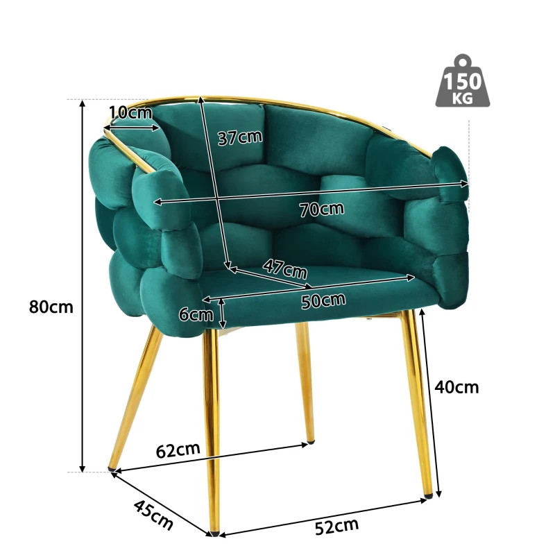 Chaise en velours de luxe, chaise de salle à manger avec pieds en fer doré, supports avant réglables et dossier confortable, Vert foncé