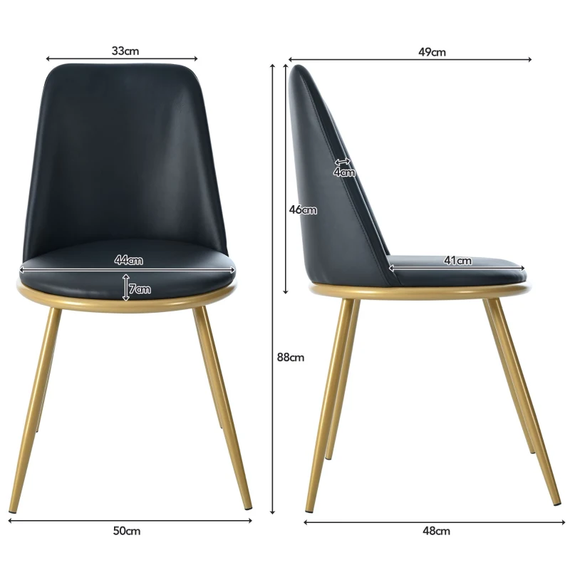 Set di 2 sedie da pranzo, ergonomiche, sedile in pelle PU, telaio in metallo, gambe stabili, 44×41×88 cm, Nero
