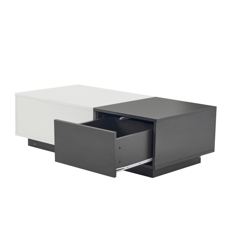 Table basse rectangulaire moderne 100×50×30 cm avec 2 tiroirs à pression,  design innovant, Blanc+gris
