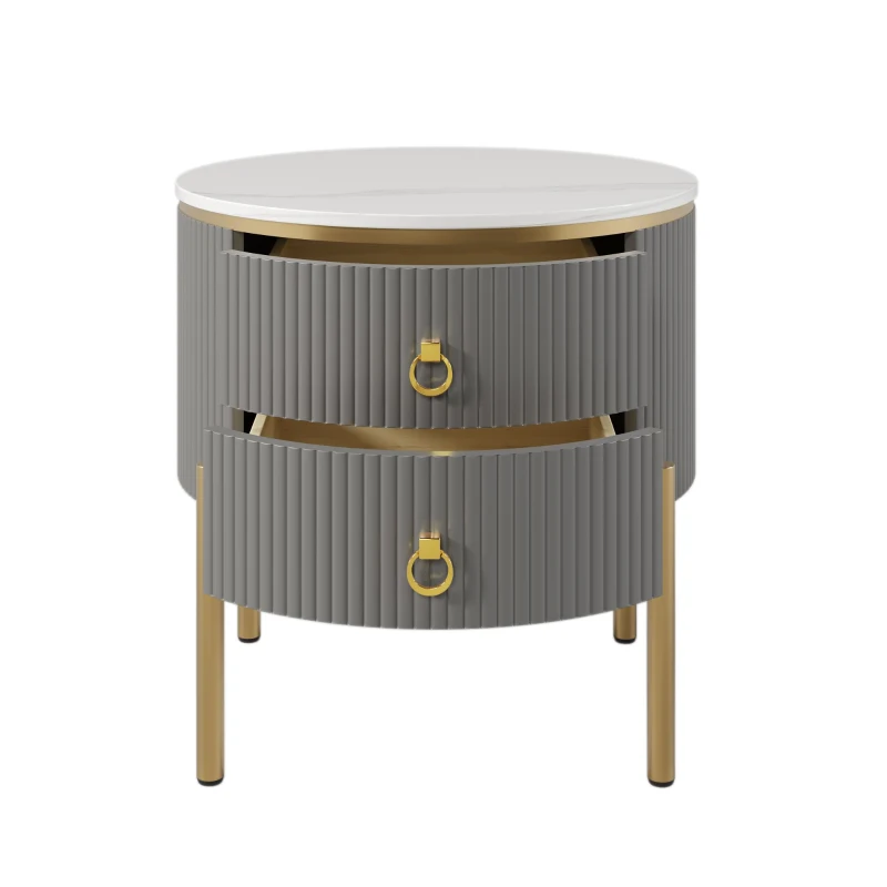 Table d'appoint avec tiroirs, structure en marbre, pieds et poignées dorés, réglable, 50×50×51 cm, Gris