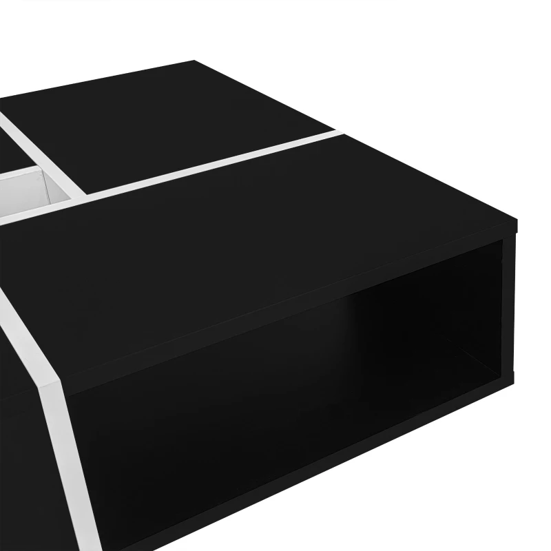 Table basse carrée moderne,  70×70×35 cm,  design noir et blanc,  5 compartiments ouverts,  compartiment central 10×10 cm, Blanc+Noir