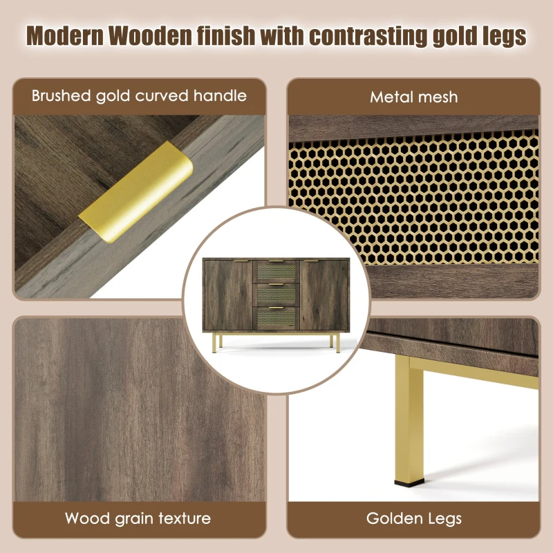 Sideboard Cabinet with 3 Drawers and 2 Doors, Metal Handles, Chest of Drawers for Bedroom, Hallway, 120L x 40W x 76H cm, Dark Brown