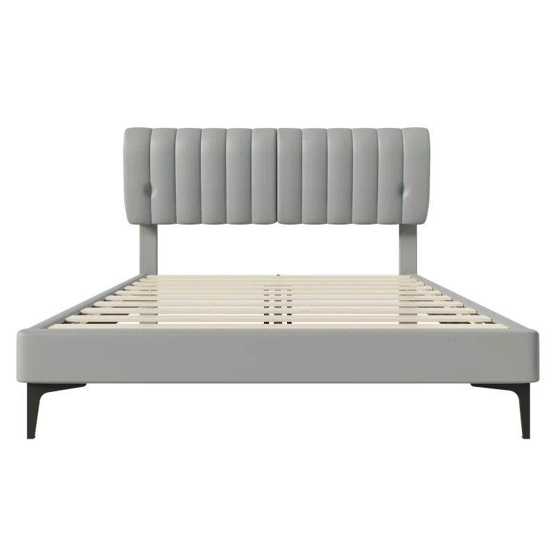 Stilvolles Polsterbett, 140×200, Kunstleder, Abnehmbare Rückenlehne mit Reißverschluss, Lattenrost und Kopfteil, ohne Matratze, Grau