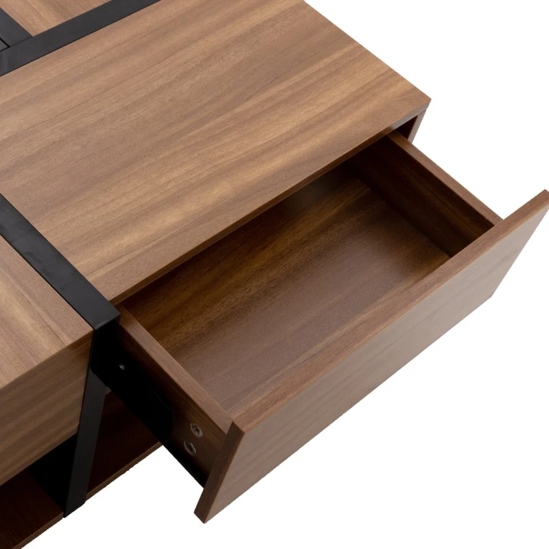 Table basse avec 4 tiroirs, design unique de couleurs et de lignes, espace de rangement inférieur, 78×78×36 cm, Naturel(m-6)