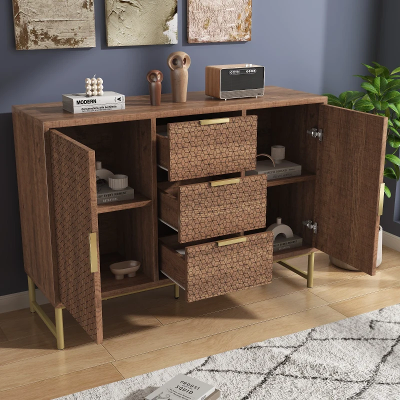 Shelves Adjustable Anti-tip Sideboard Cabinet with 3 Drawers and 2 Doors, Storage Cabinet with Embossed Design, 120L x 40W x 75H cm, Walnut