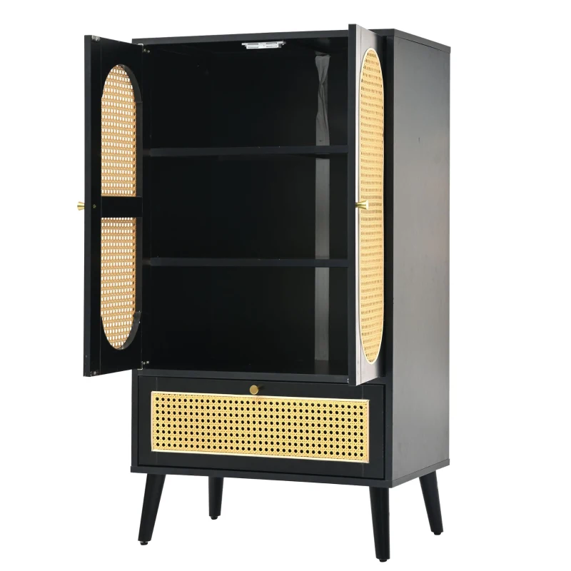 Rattanschrank 60x40x110 cm, Kompaktes Sideboard mit Schublade, Modernes Design für Wohnzimmer oder Schlafzimmer, Schwarz