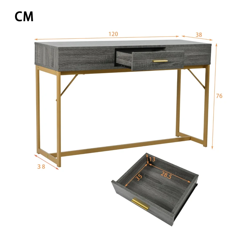 Konsolentisch mit Schublade, Leichter Luxus-Stil, MDF-Tischplatte, Metallgestell, 120×38×76 cm, Grau