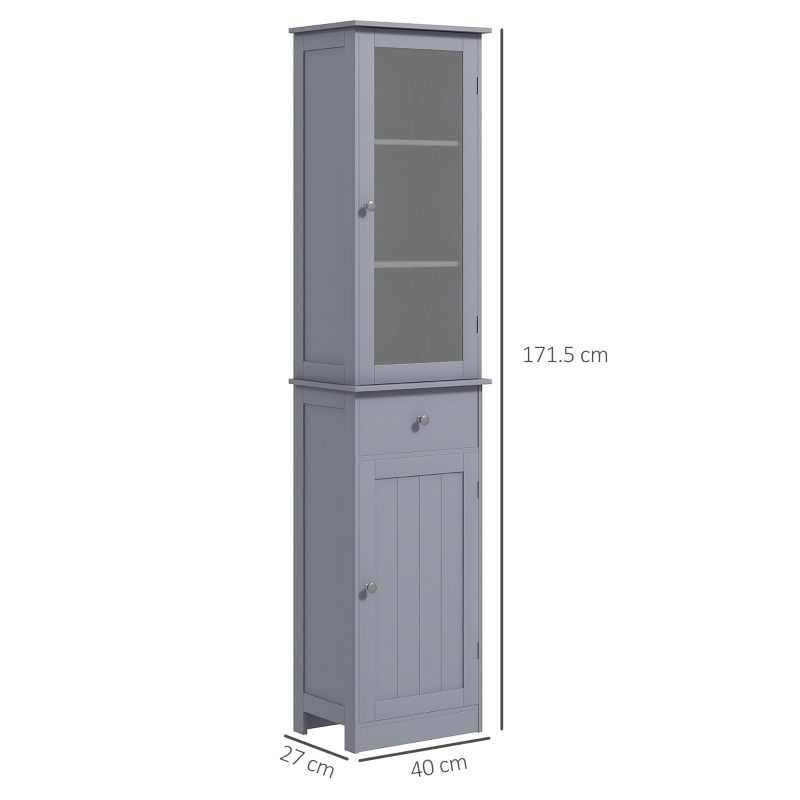 Kleankin Mobilier de Baie cu Spațiu de Depozitare Transparent, Dulăpior, Sertar și Rafturi Reglabile, 40x27x171,5 cm, Gri