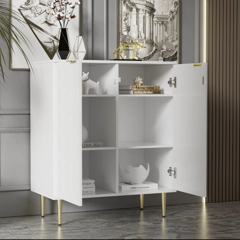 Credenza con 2 ante, 3 ripiani, 6 scomparti, piedi e maniglia dorati, motivo floreale, per soggiorno, bagno e camera da letto, 75L x 40P x 90A, Dorato + Bianco