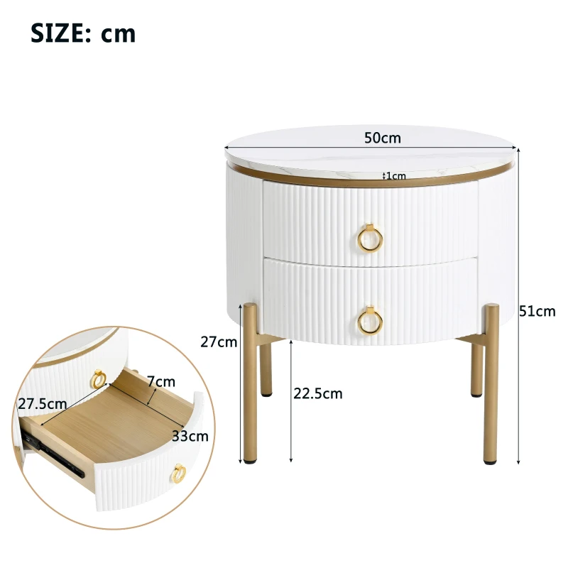 Tavolino con cassetti, texture di marmo, gambe e maniglie dorate, 50×50×51 cm, Bianco