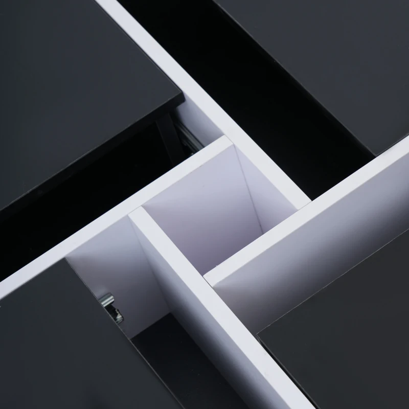 Table basse élégante en finition brillante avec compartiment de rangement intégré et 4 tiroirs,  70×70×35 cm, Noir Blanc