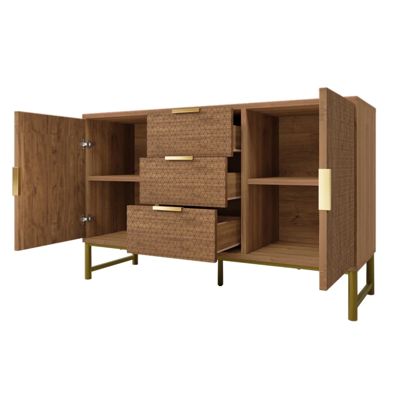 Shelves Adjustable Anti-tip Sideboard Cabinet with 3 Drawers and 2 Doors, Storage Cabinet with Embossed Design, 120L x 40W x 75H cm, Walnut