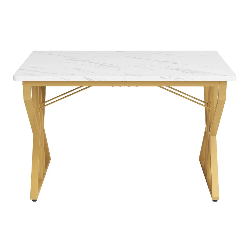 Esstisch mit Metallbeinen, moderner Marmortisch, stabiles Metallgestell, verstellbare Tischbeine, 119×70×75cm, Weiß+Gold