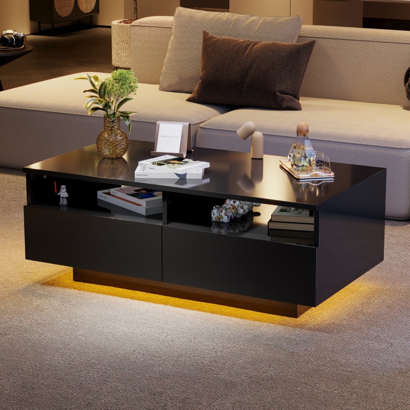 LED Hochglanz Couchtisch mit 2 Schubladen, Schwarz