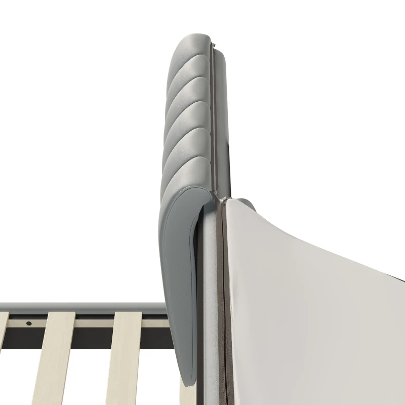 Stilvolles Polsterbett, 140×200, Kunstleder, Abnehmbare Rückenlehne mit Reißverschluss, Lattenrost und Kopfteil, ohne Matratze, Grau