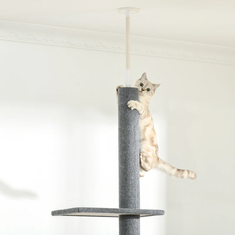 PawHut Stâlp de Zgâriat pentru Pisici pe 4 Niveluri și Fixare pe Tavan Reglabil, 43x27x228-260 cm, Gri