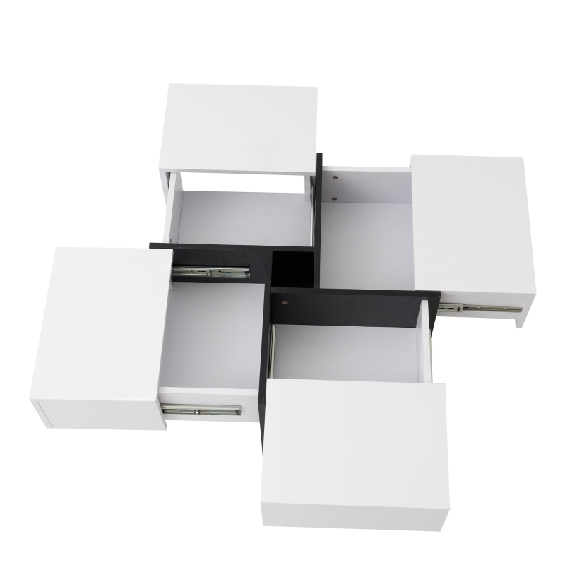 Table basse élégante en finition brillante avec 4 tiroirs,  compartiment de rangement intégré et haute stabilité,  70×70×35 cm, Blanc+Noir
