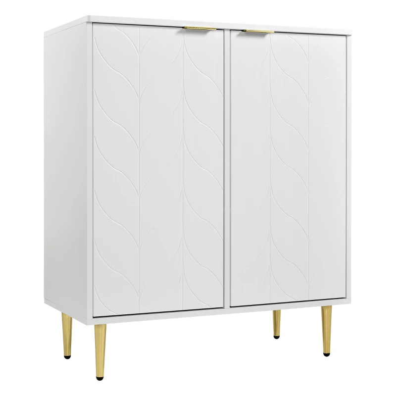 Credenza con 2 ante, 3 ripiani, 6 scomparti, piedi e maniglia dorati, motivo floreale, per soggiorno, bagno e camera da letto, 75L x 40P x 90A, Dorato + Bianco